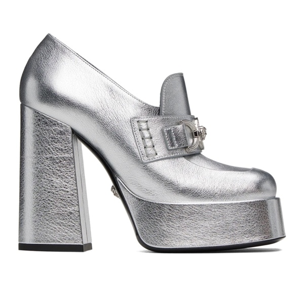 Versace Silver '95 Medusa Embellished Leather Platform Pumps Women Size 8 US New - Picture 2 of 15
